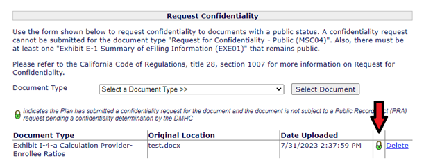 Screenshot of Request for Confidently section with arrow pointing to green confidentiality lock. Screenshot of Request for Confidently section with arrow pointing to green confidentiality lock.
